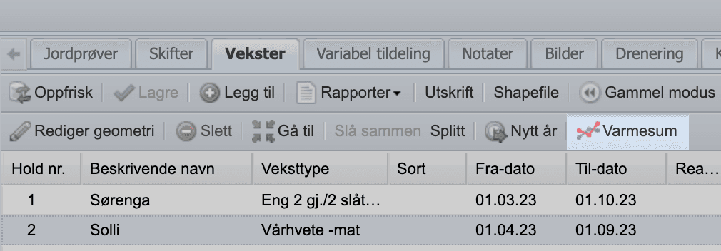Knapp for å få frem applikasjon for beregning av varmesum