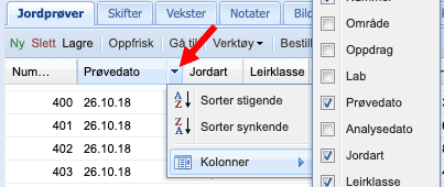 jordprøve velg kolonner