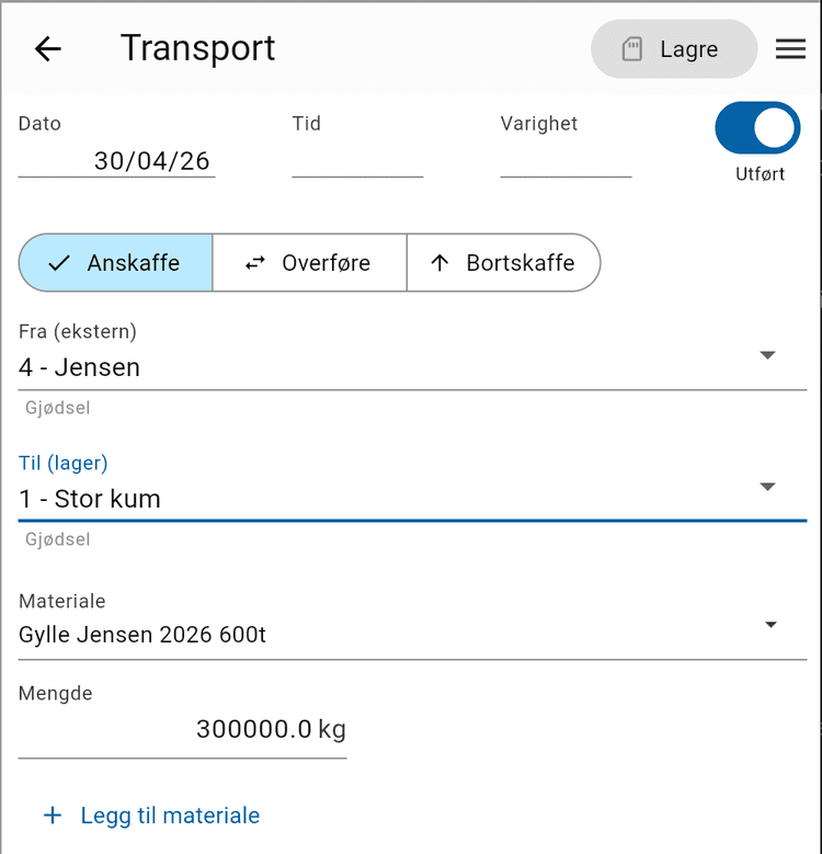 Arbeidsregistrering for transport - anskaffelse fra ekstern leverandør Jensen til lager Stor kum, 300 000 kg av Gylle Jensen 2026 600t