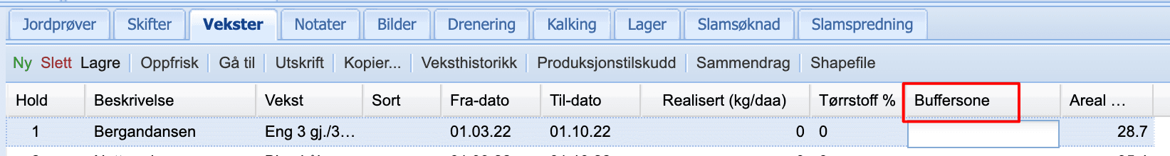 Felt i tabell for å beskrive buffersone