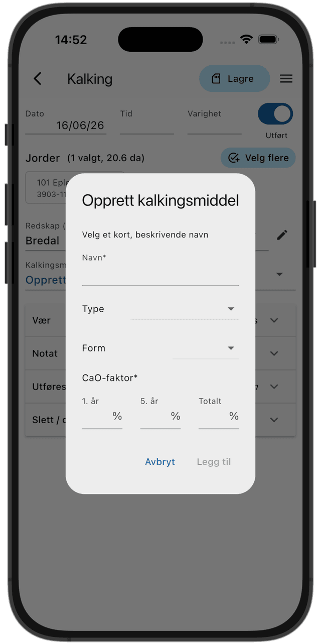 Legg til eget kalkingsmiddel via arbeidsregistreringen